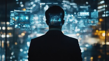 Poster - Businessman Looking at Futuristic Digital Interface at Night