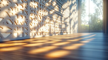 Poster - Light filters through patterned wall casting intricate shadows on wooden floor during afternoon. Generative AI