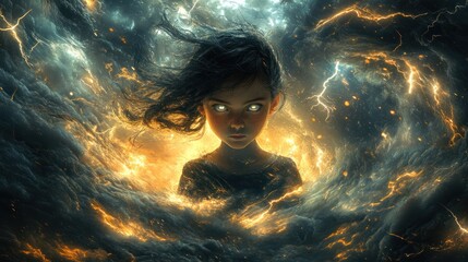 Poster - Bright eyes and swirling storm in a mystical landscape create a powerful visual experience. Generative AI