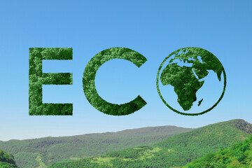 Wall Mural - Save Earth. Word Eco with globe instead of letter O against mountain landscape