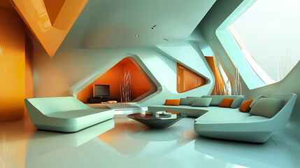 Wall Mural - Futuristic room with bold geometric shapes and vibrant colors