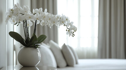 Wall Mural - White orchids in minimalist hotel suite create serene atmosphere