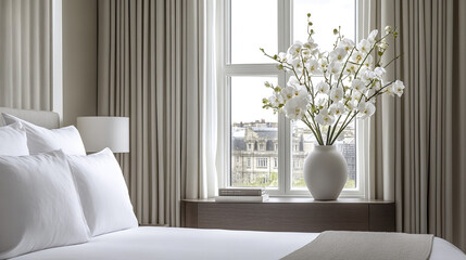 Wall Mural - Minimalist hotel suite with white orchids and soft lighting