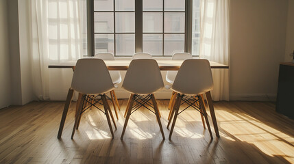 Wall Mural - Minimalist dining room with wooden floor and modern chairs