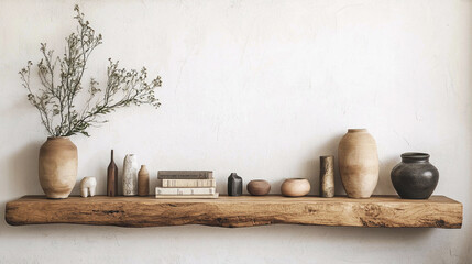 Wall Mural - Minimalist wooden shelf with pottery and books against white wall