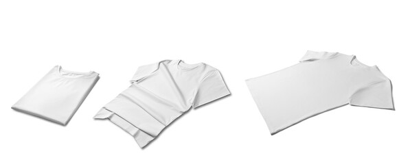 Wall Mural - Blank white t-shirts on white background, collage. Mockup for design