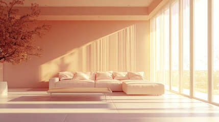 Wall Mural - Minimalist peach living room with natural light streaming through windows