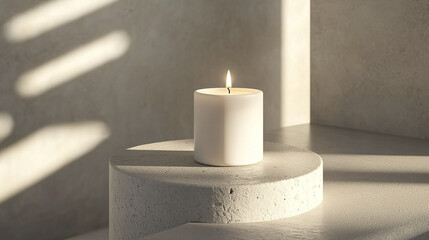 Wall Mural - Minimalist white candle on smooth stone surface with soft lighting