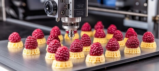 Poster - 3D Food Printer Adding Topping To Small Cakes Decorated With Raspberies, Close Up On Conveyor