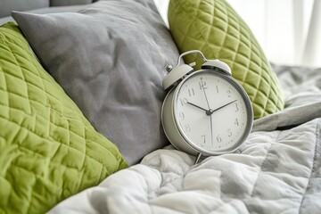 World Sleep Day. Alarm clock and pillows. White vintage alarm clock showing midnight and gray and green pillows close-up. Sleep and rest concept, Sleep wellness and stress reduction background 