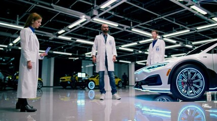 Leinwandbilder - Innovative automotive technology showcased in modern workshop with engineers discussing advanced features