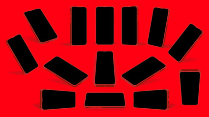 Poster - 3D Red Smartphone Mockup Collection: Red Mobile Devices in Front, Side, Top, and Perspective Views with Blank Screens - Vector