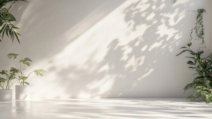 Poster - Bright and serene indoor space showcasing sunlight patterns and lush greenery. Generative AI