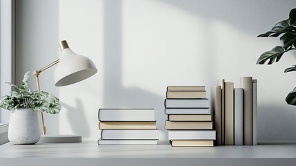 Poster - Modern workspace featuring stacked books, a lamp, and greenery in bright natural light. Generative AI