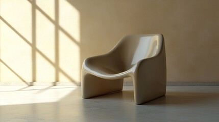 Aufkleber - Modern sculptural chair in natural light casting shadows within a minimalist interior space. Generative AI