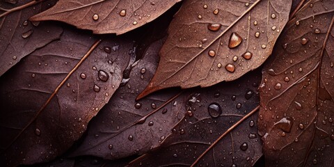 Wall Mural - Water droplets on dark brown leaves create a beautiful natural scene. These water drops on leaves highlight the rich textures and colors, showcasing the elegance of nature s details.