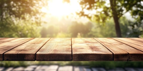 Poster - Empty wooden tabletop paired with a blurred natural background creates an ideal setting for showcasing your products, providing the perfect opportunity for product display and montage.