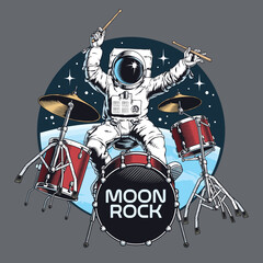 Wall Mural - Astronaut playing drums in the outer space. Astro rock percussion concert or party comic style hand drawn vector illustration