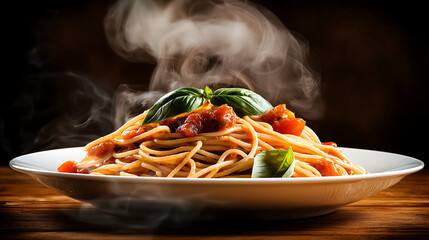 steaming plate of spaghetti topped with fresh basil and tomato sauce, evoking warmth and comfort