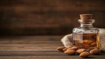 Wall Mural - Almond oil in a glass bottle with fresh almond nuts on a wooden table. The concept of skin and hair care products from nature.