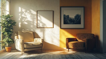 Poster - Cozy living space with natural light highlighting comfortable seating and wall art at sunset. Generative AI