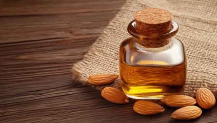 Wall Mural - Almond oil in a glass bottle with fresh almond nuts on a wooden table. The concept of skin and hair care products from nature.