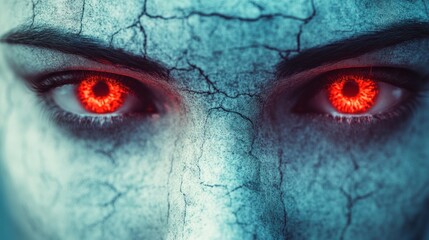 Poster - Striking portrait of a woman with cracked skin and glowing red eyes in a surreal artistic style. Generative AI