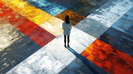 Poster - Colorful geometric patterns create a visually striking backdrop for a solitary figure in an urban environment. Generative AI