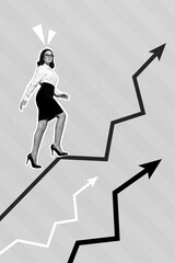 Poster - Artwork magazine collage picture of serious purposeful lady walking arrows up isolated drawing background
