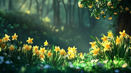 Poster - Yellow daffodils flower bed.nature background 