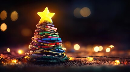 Fototapete - Artistic Christmas tree made of crayons, wrapped in glowing string lights, crowned with a yellow star.