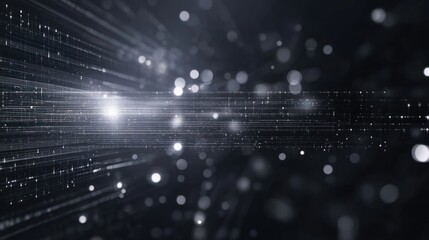 Abstract digital data stream, glowing lines and particles in dark space.