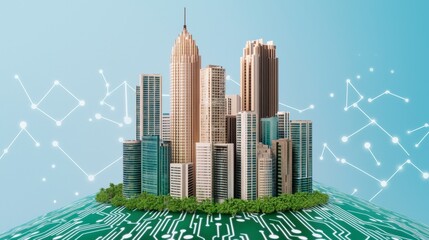 Poster - Modern Cityscape with Digital Circuit Patterns Representing Technology and Urban Innovation