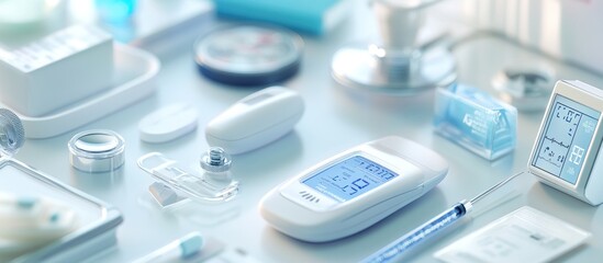medical equipment and devices on a white surface.