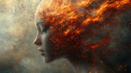 Poster - Stunning artwork depicting a woman with fiery elements enveloping her head in a surreal moment. Generative AI