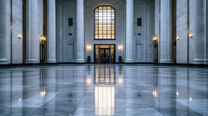 Poster - building with an elegant, polished exterior, featuring a grand entrance with a large marble lobby and sleek design elements that represent a prestigious business atmosphere.
