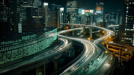 Poster - A Cityscape Illuminated by Binary Code and Light Trails