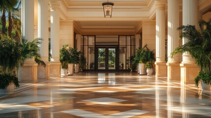 Poster - building with an elegant, polished exterior, featuring a grand entrance with a large marble lobby and sleek design elements that represent a prestigious business atmosphere.