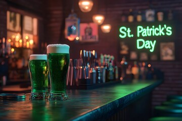 Wall Mural - St. Patrick's Day celebration with green fresh cold beer at pub. Festive Irish holiday celebration. Party with friends at bar. Background for design greeting card, banner, poster with copy space.