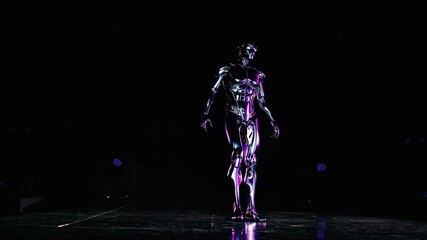 Poster - Robot performer captivates audience with futuristic display in urban center at night