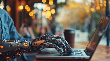 Poster - A humanoid robotic hand interacts with a laptop in a bustling cafe, surrounded by glowing lights and a warm atmosphere in the evening.