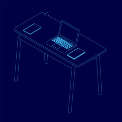 Poster - Blue desk with a laptop and a keyboard on it. There are two books on the desk as well. Isometric view