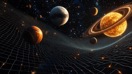 Poster - creative visualization of gravity wells around planets and stars in a grid-like space-time fabric.