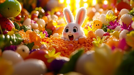 Wall Mural - Surprised Easter bunny amidst colorful eggs, flowers, and treats.