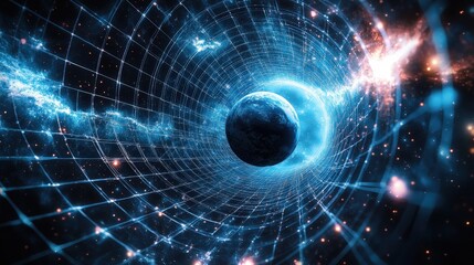 Poster - creative visualization of gravity wells around planets and stars in a grid-like space-time fabric.