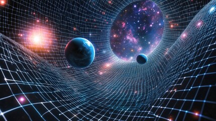 Poster - creative visualization of gravity wells around planets and stars in a grid-like space-time fabric.