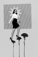 Poster - Photo collage artwork minimal picture of confident purposeful lady walking flowers stairs isolated drawing background