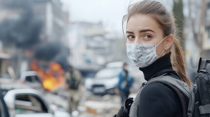 Wall Mural - Australian special force woman in tactical gear at ruins of buildings in conflict area