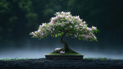 Wall Mural - A beautiful bonsai tree with delicate pink flowers in a serene, misty environment.