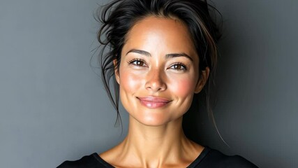 Wall Mural - Glowing Portrait of Smiling Woman with Natural Beauty Against Gray Background